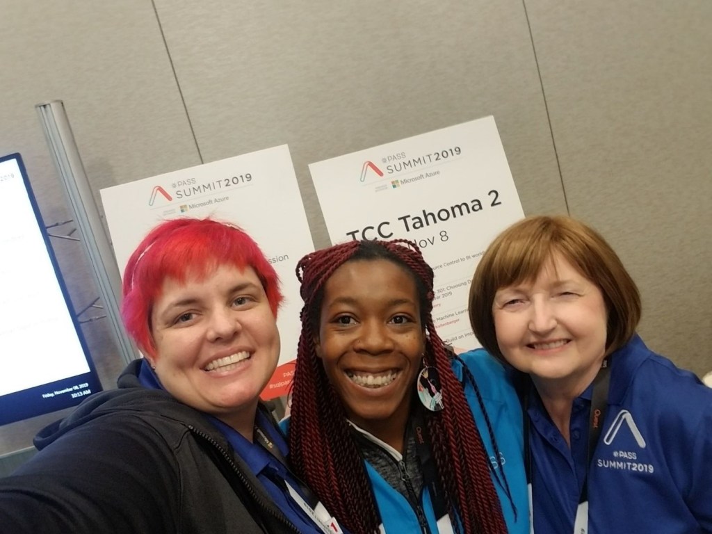 A photo of Heidi Hastings, Nikita, and Kathi Kellenberger at PASS Summit